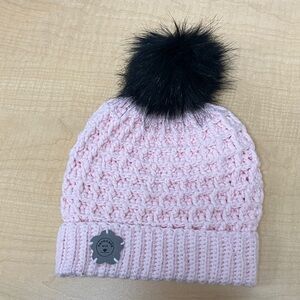Pink Knit Beanie with Black Pom Pom